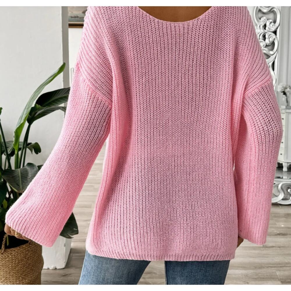 Chicgenes Oversized Bow Boat Neck Long Sleeve Sweater - Picture 2 of 6